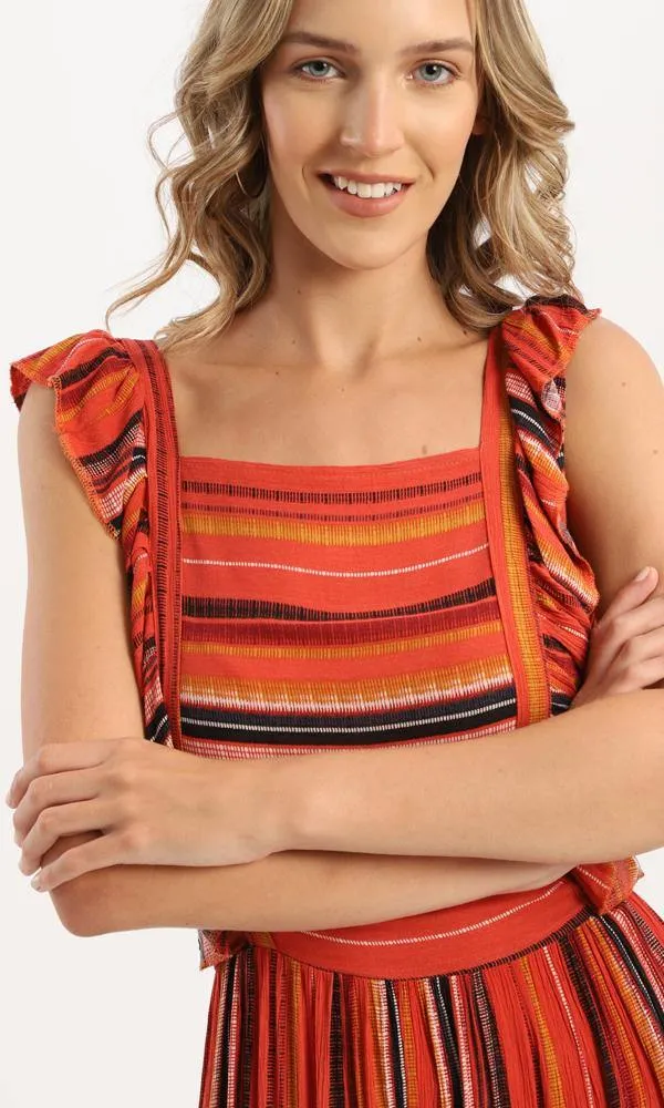56980 Ruffle Sleeveless Striped Maxi Dress - Orange & Black