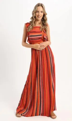 56980 Ruffle Sleeveless Striped Maxi Dress - Orange & Black