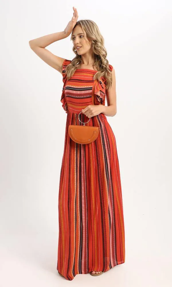 56980 Ruffle Sleeveless Striped Maxi Dress - Orange & Black
