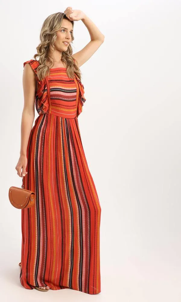 56980 Ruffle Sleeveless Striped Maxi Dress - Orange & Black