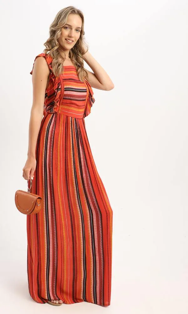 56980 Ruffle Sleeveless Striped Maxi Dress - Orange & Black