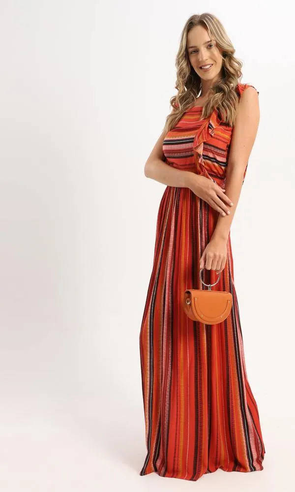 56980 Ruffle Sleeveless Striped Maxi Dress - Orange & Black
