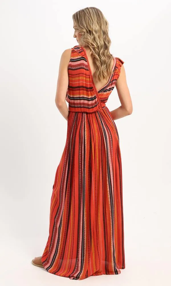 56980 Ruffle Sleeveless Striped Maxi Dress - Orange & Black
