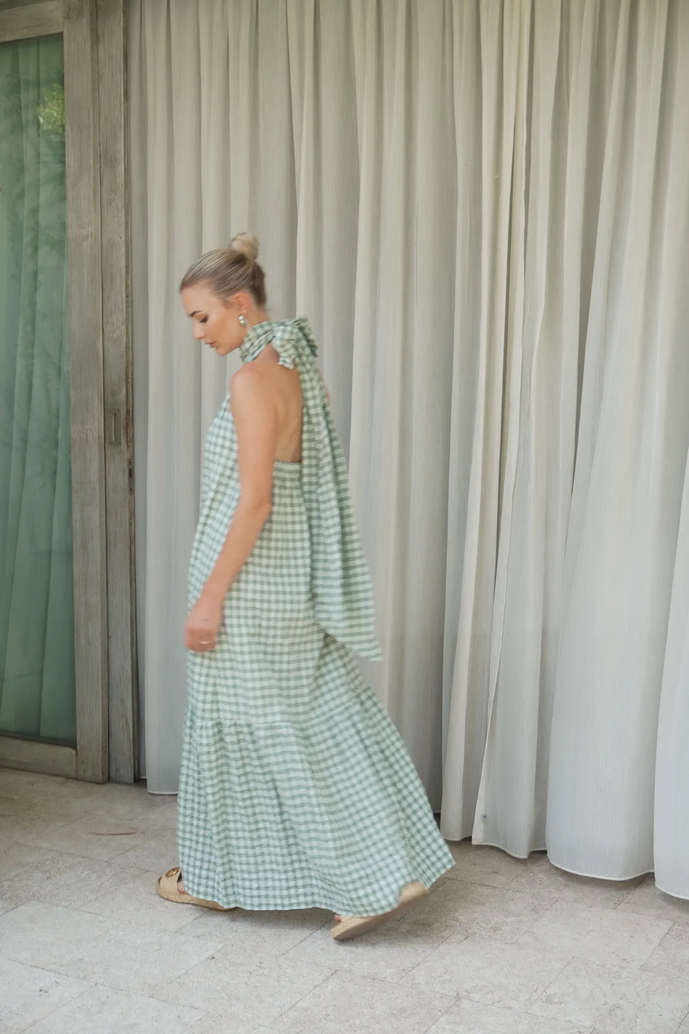 Audrey Bow Halter Maxi Dress in Gingham