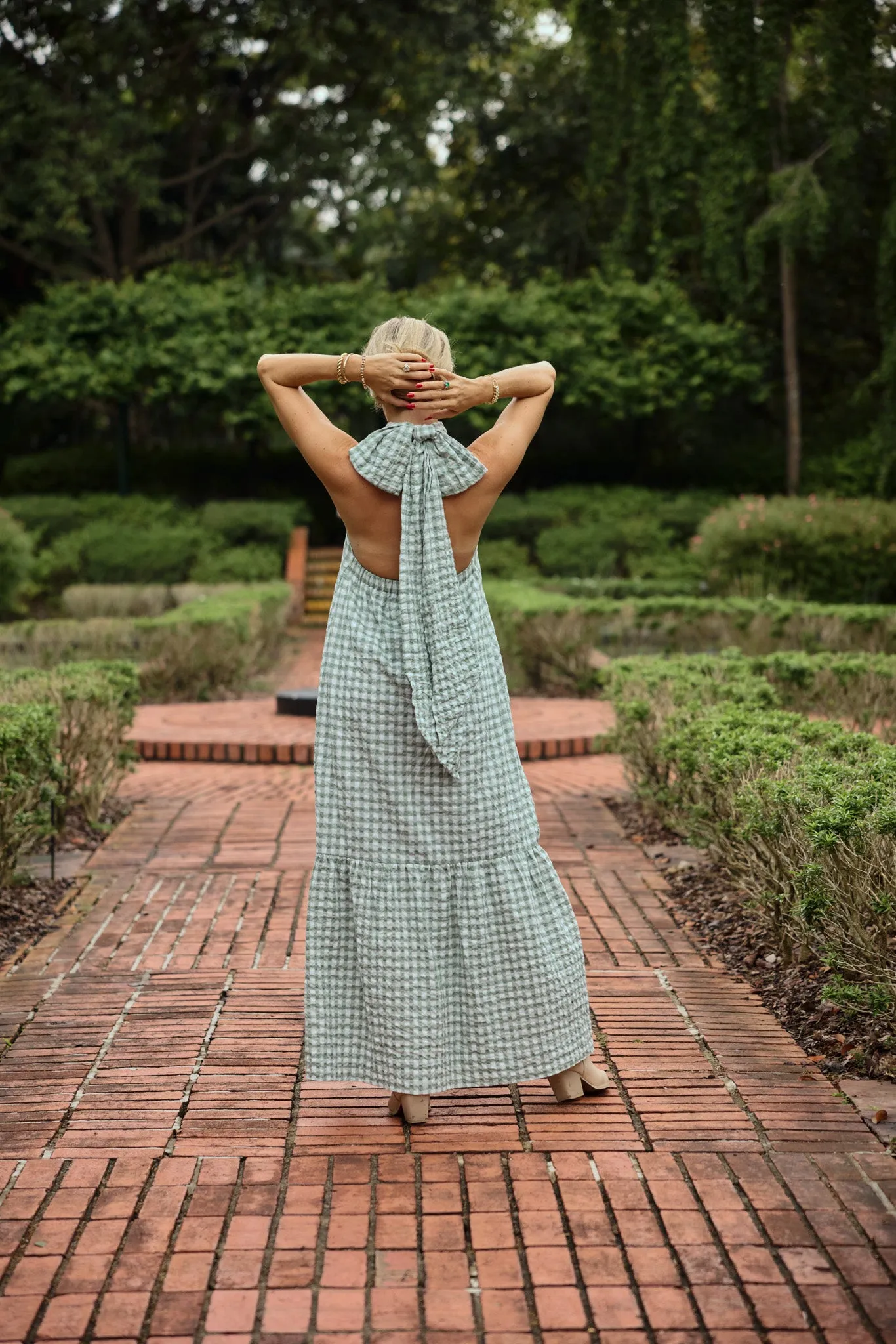 Audrey Bow Halter Maxi Dress in Gingham