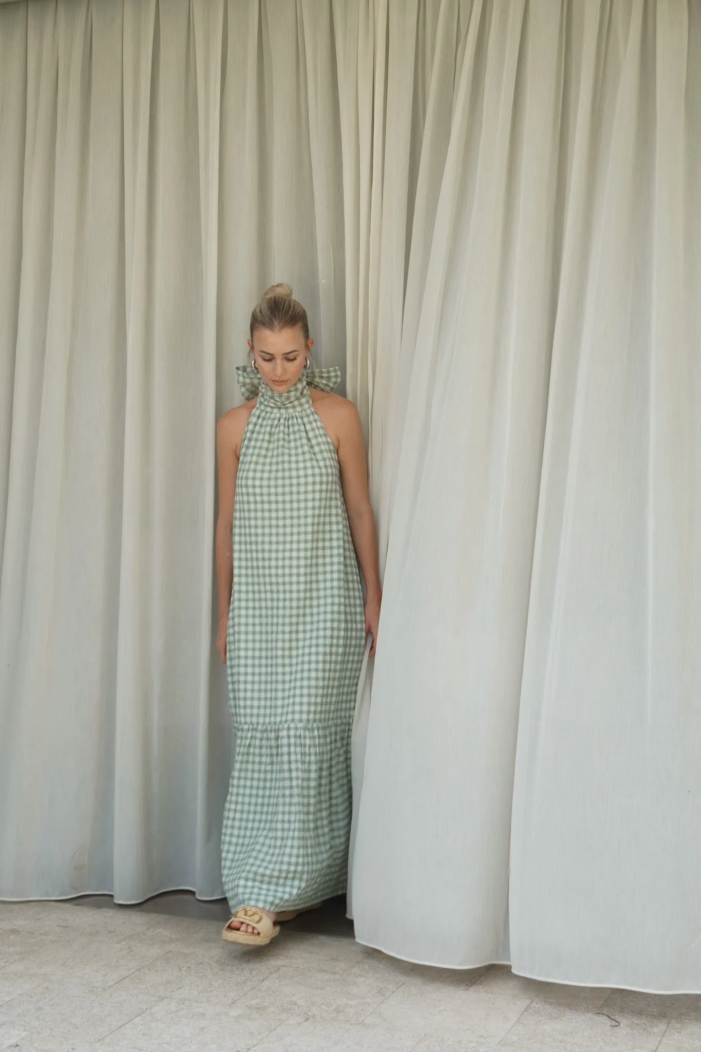 Audrey Bow Halter Maxi Dress in Gingham