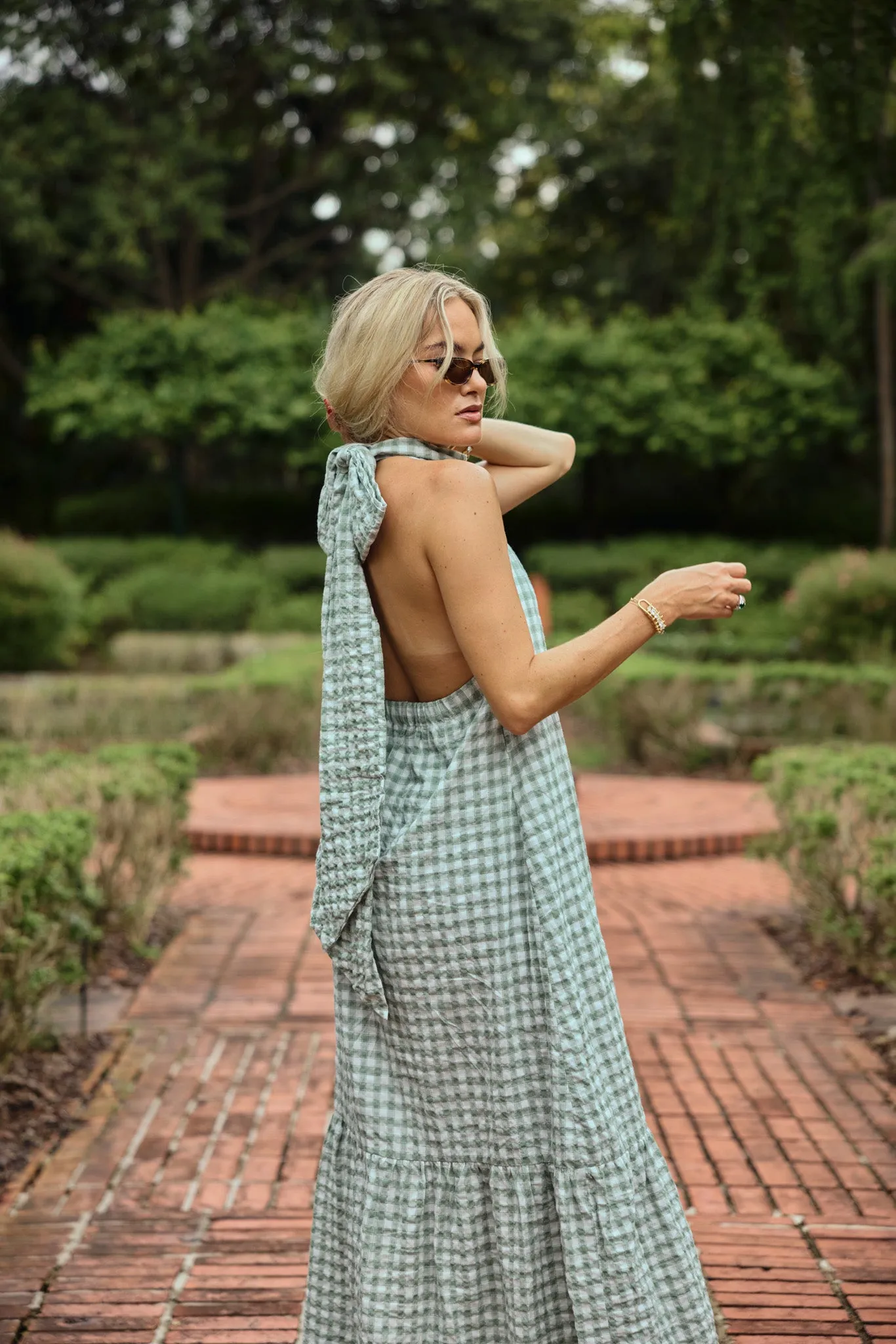 Audrey Bow Halter Maxi Dress in Gingham