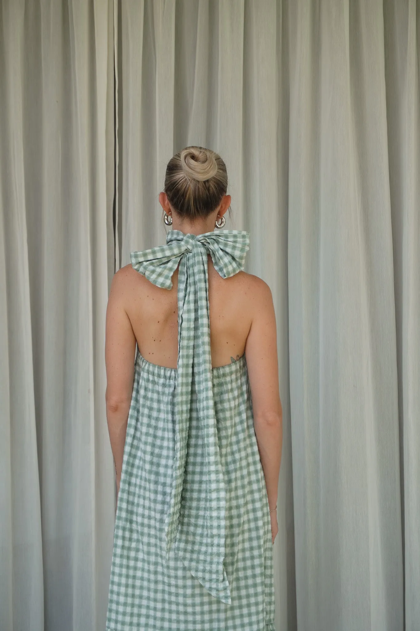 Audrey Bow Halter Maxi Dress in Gingham