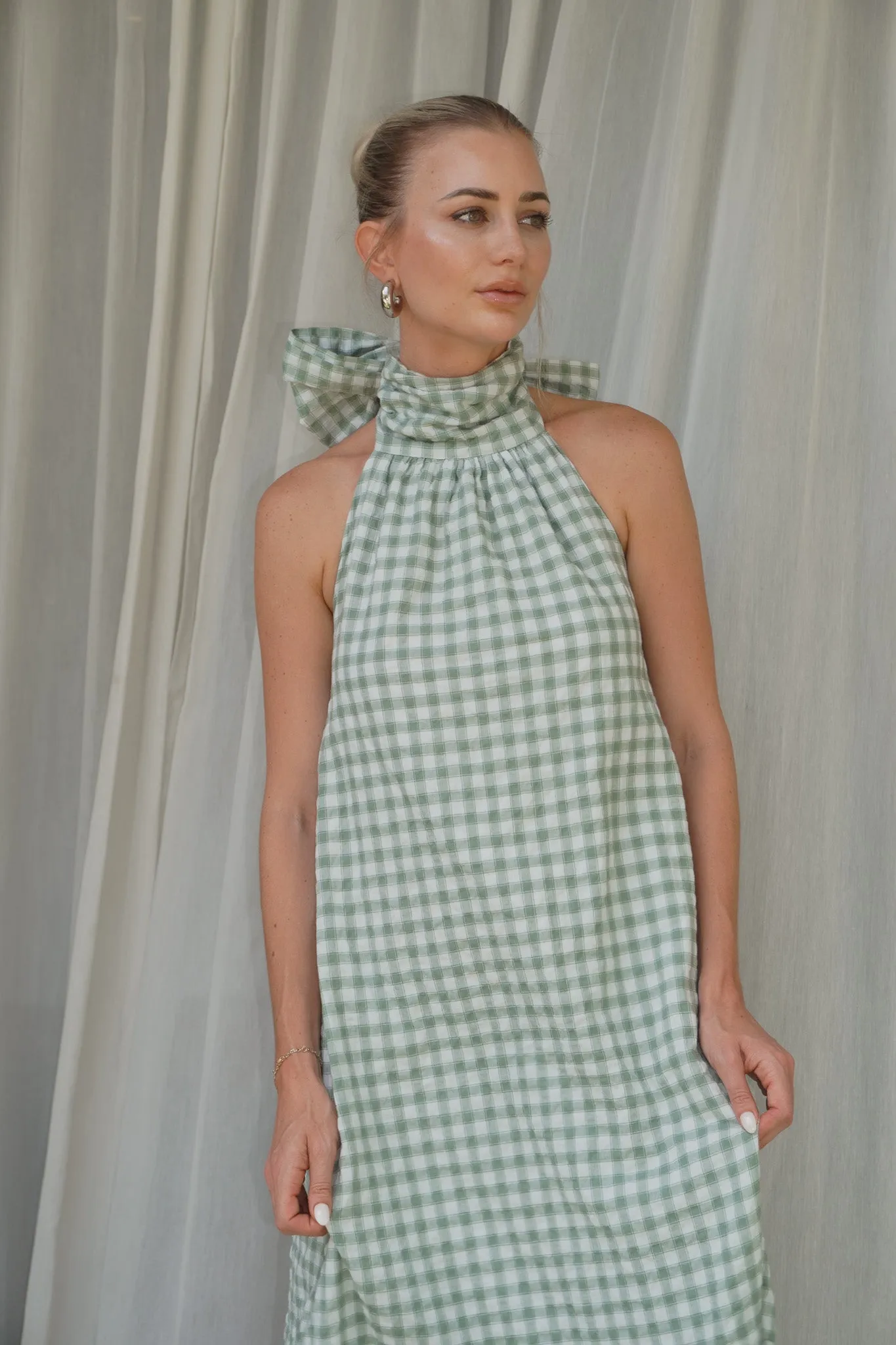 Audrey Bow Halter Maxi Dress in Gingham