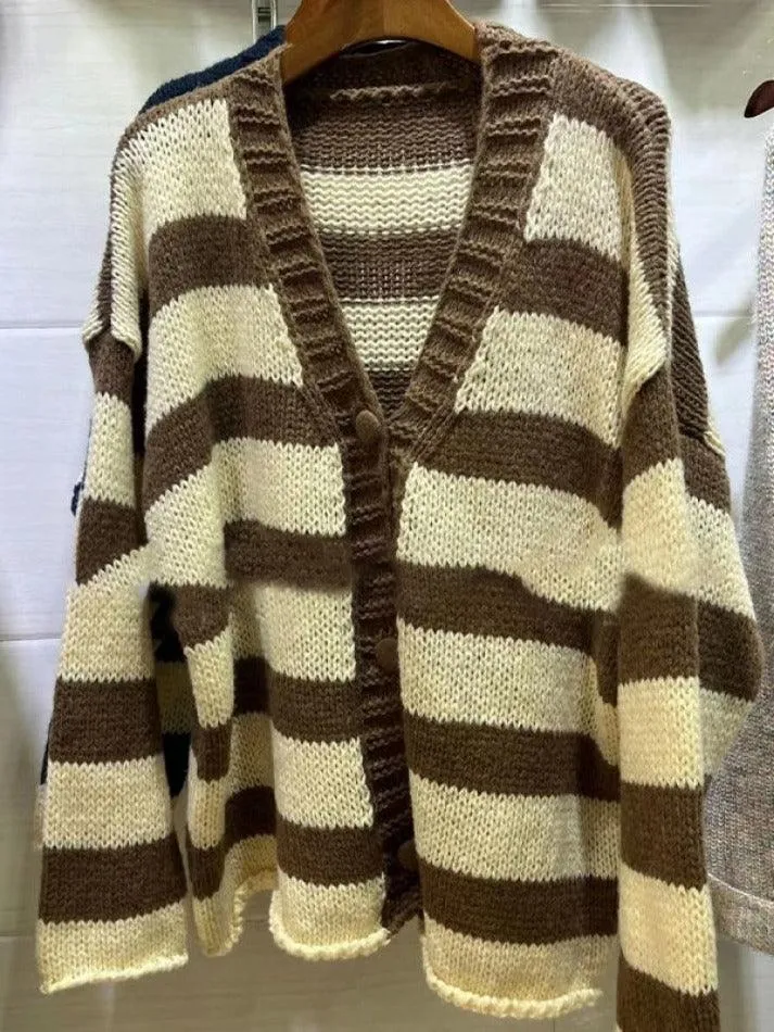 Back To School Sonicelife Contrast Color Striped V Neck Rolled Loose Knit Cardigan