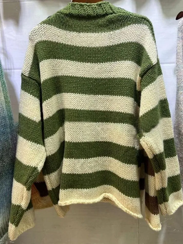 Back To School Sonicelife Contrast Color Striped V Neck Rolled Loose Knit Cardigan