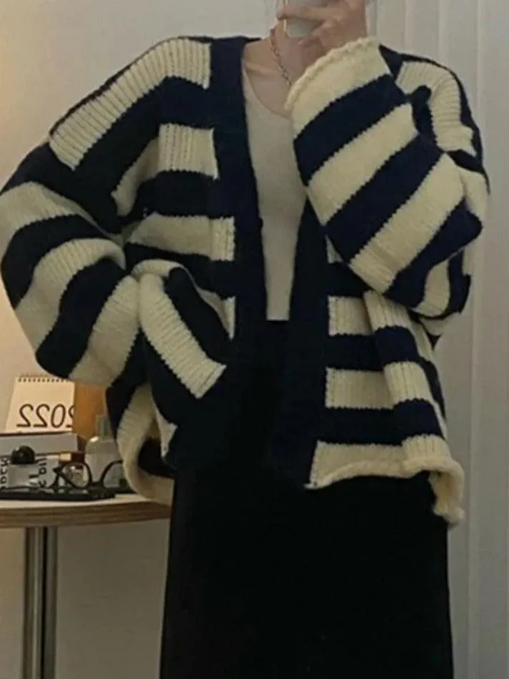 Back To School Sonicelife Contrast Color Striped V Neck Rolled Loose Knit Cardigan