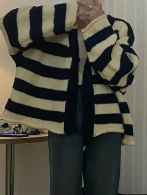 Back To School Sonicelife Contrast Color Striped V Neck Rolled Loose Knit Cardigan