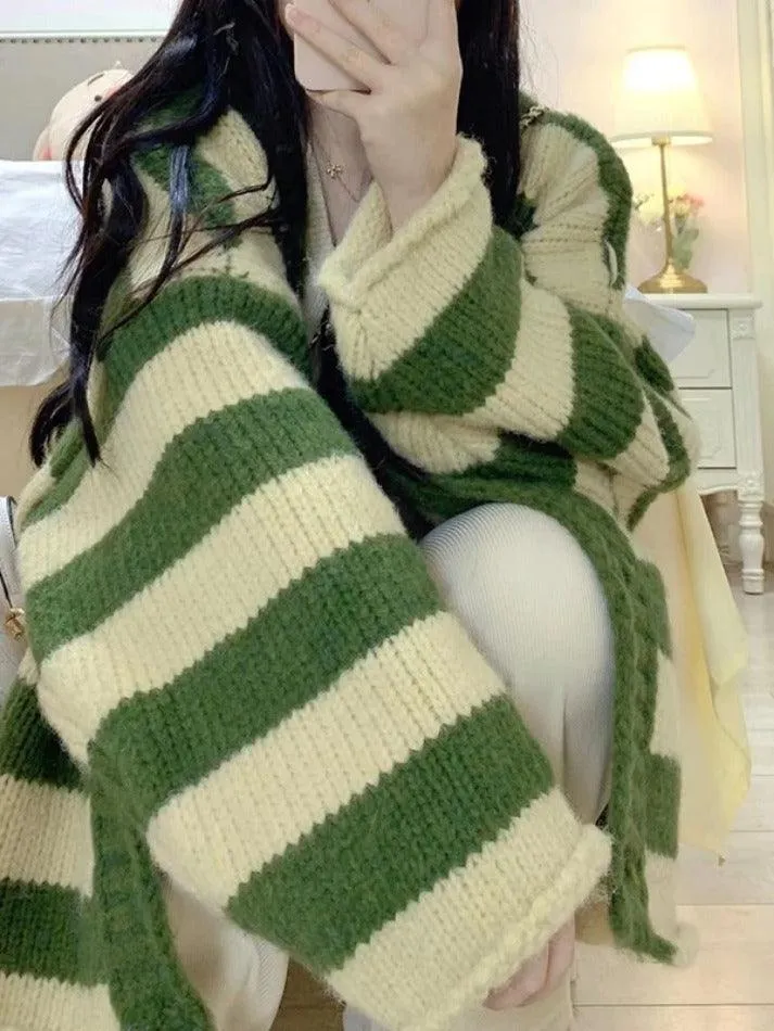 Back To School Sonicelife Contrast Color Striped V Neck Rolled Loose Knit Cardigan