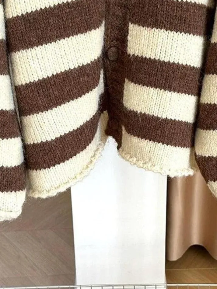 Back To School Sonicelife Contrast Color Striped V Neck Rolled Loose Knit Cardigan