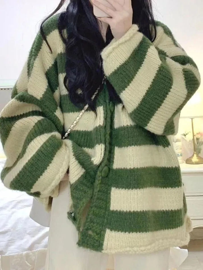 Back To School Sonicelife Contrast Color Striped V Neck Rolled Loose Knit Cardigan