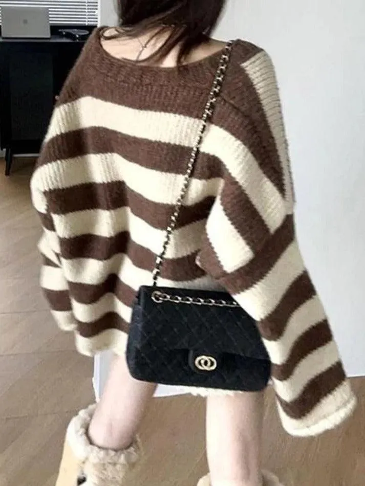 Back To School Sonicelife Contrast Color Striped V Neck Rolled Loose Knit Cardigan