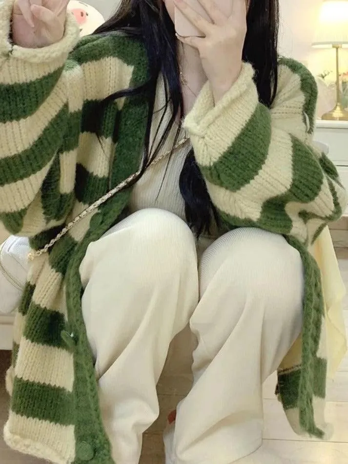 Back To School Sonicelife Contrast Color Striped V Neck Rolled Loose Knit Cardigan