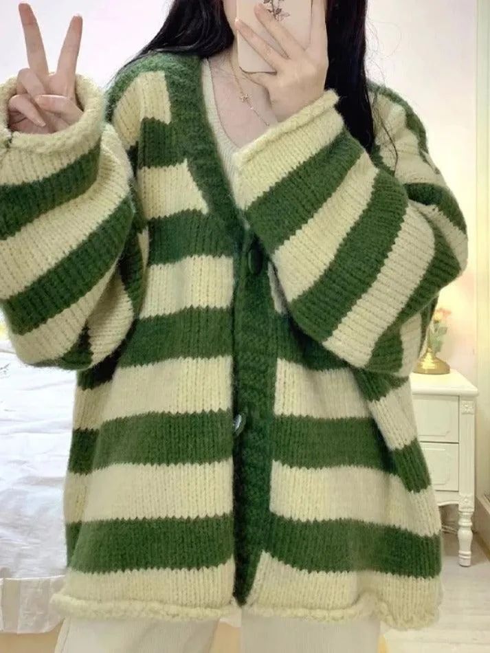 Back To School Sonicelife Contrast Color Striped V Neck Rolled Loose Knit Cardigan