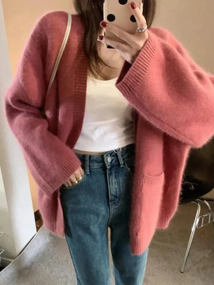 Back To School Sonicelife Solid V Neck Loose Knit Cardigan