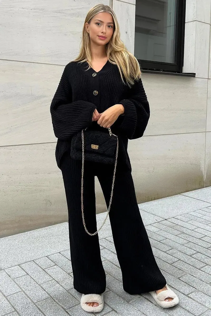 Black Casual Knit V Neck Cardigan & Loose Trousers Co-ord