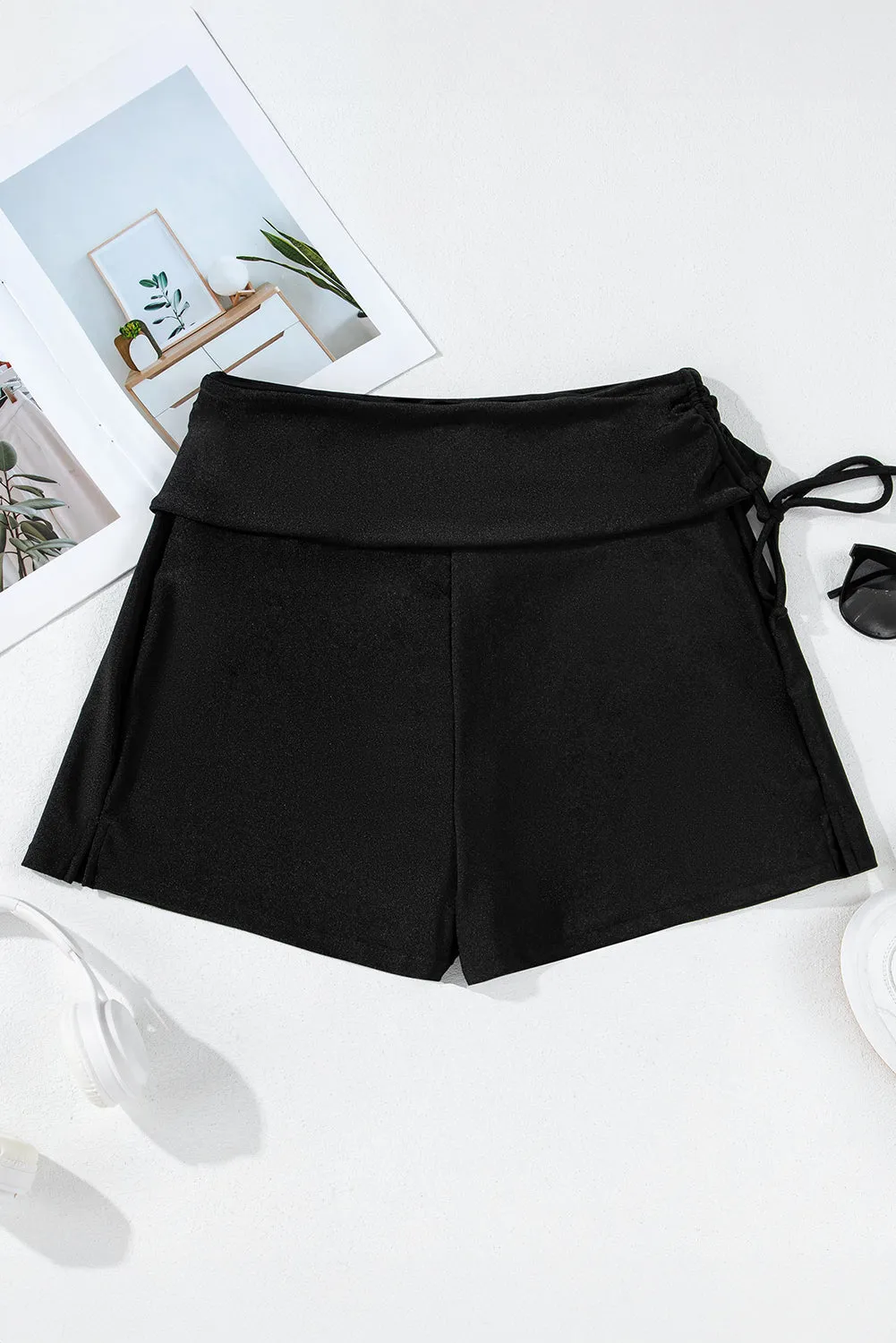 Black Drawstring Ruched High Waist Loose Swim Shorts