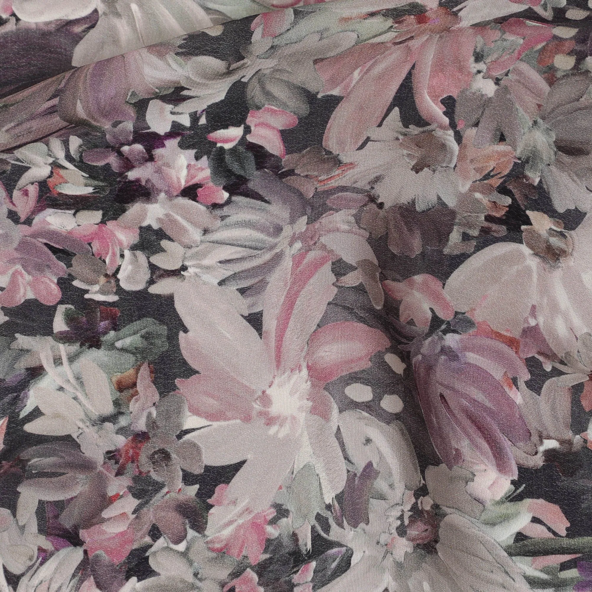 Black synthetic crepe fabric with multicolor print in floral design-D16723