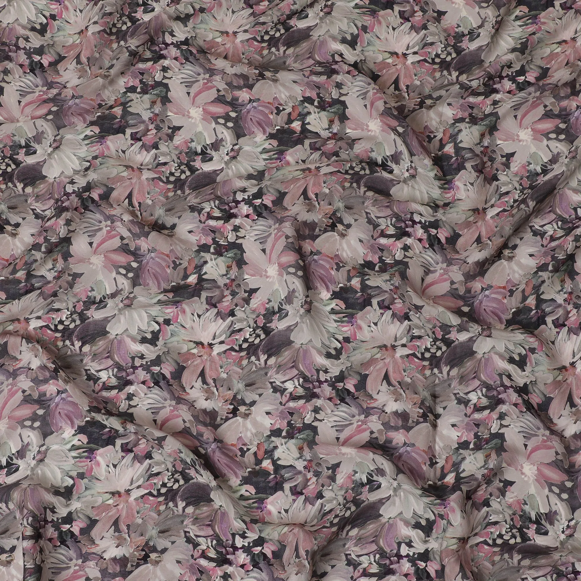 Black synthetic crepe fabric with multicolor print in floral design-D16723