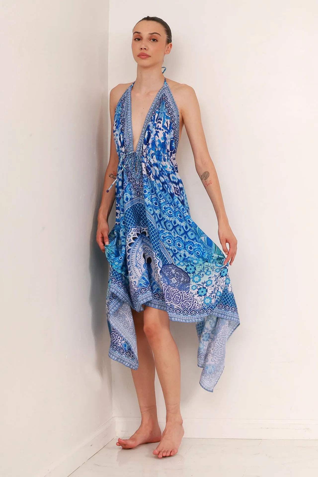 Blue Printed Scarf Dress