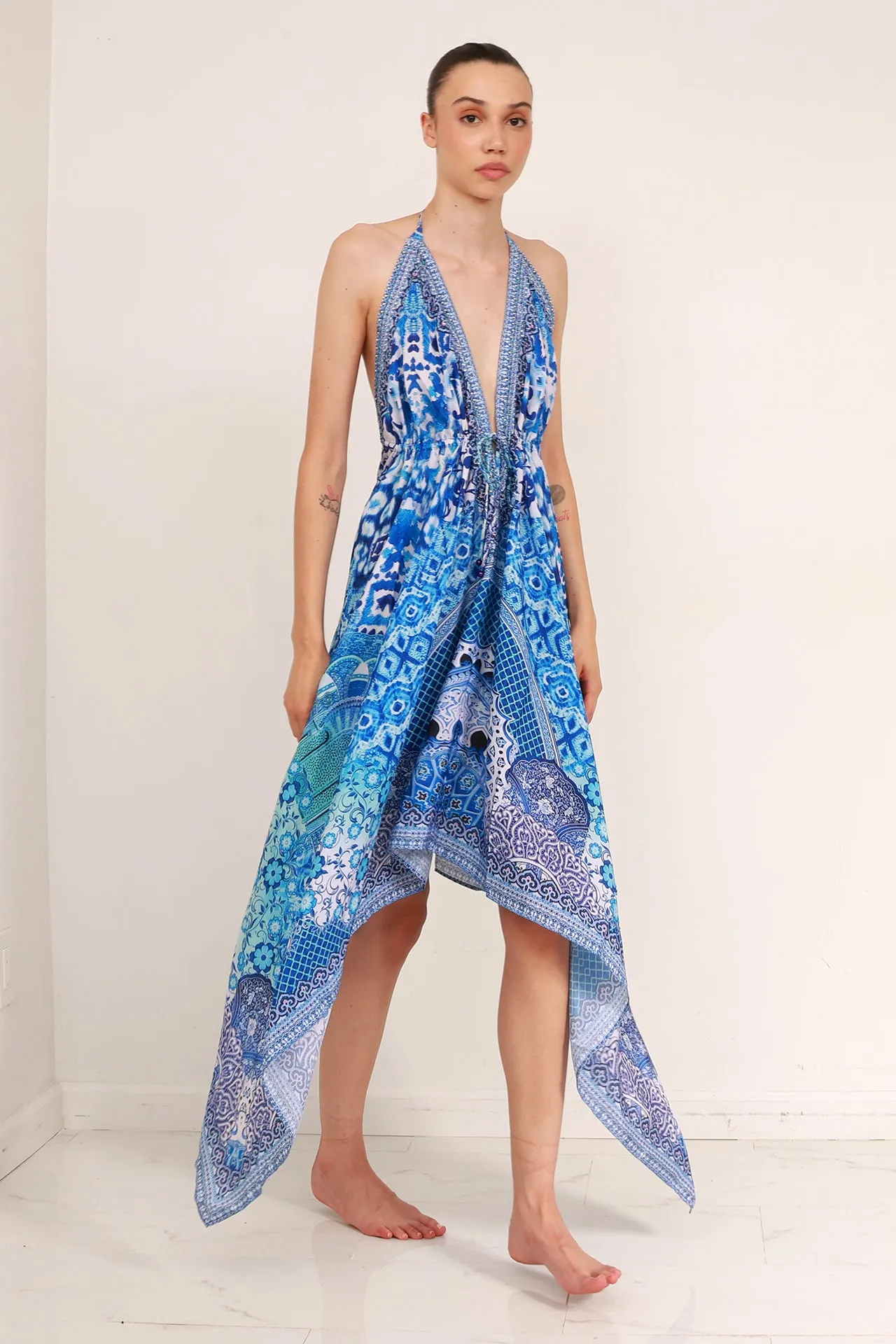 Blue Printed Scarf Dress