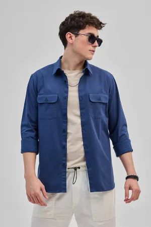 Blue Solid Double Pocket Overshirt