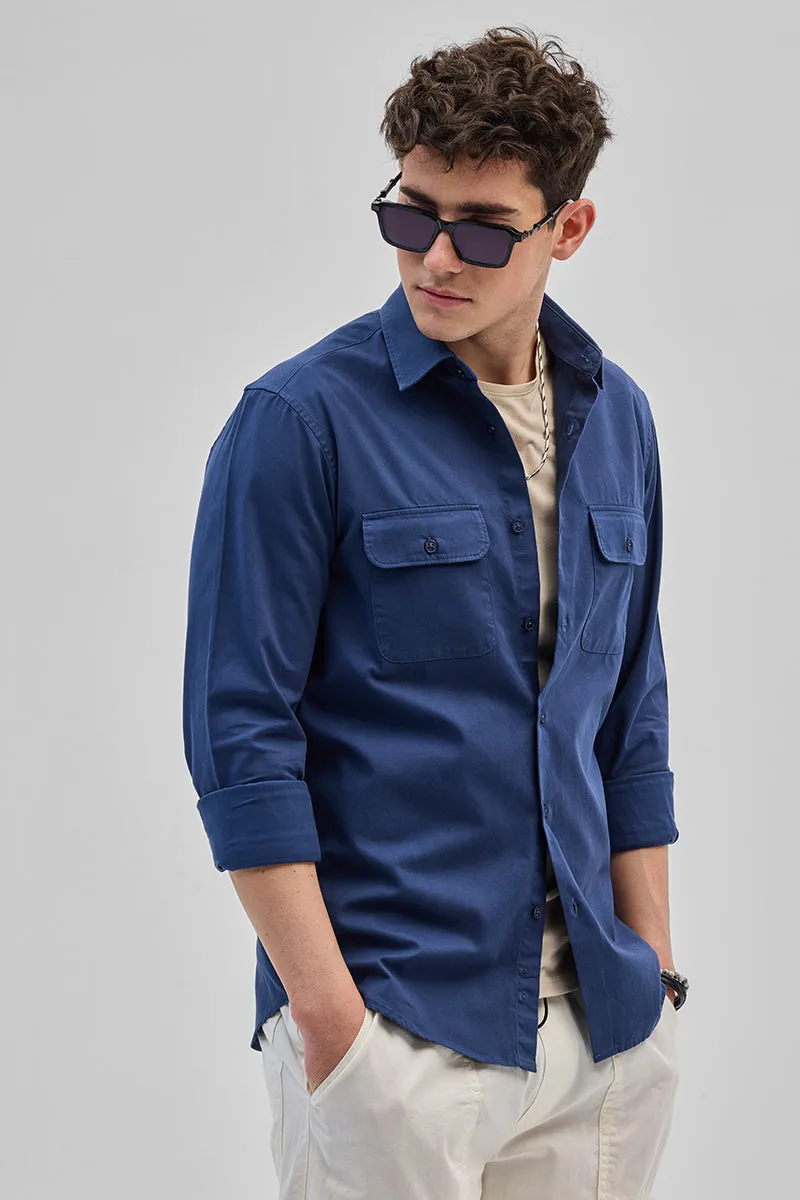 Blue Solid Double Pocket Overshirt