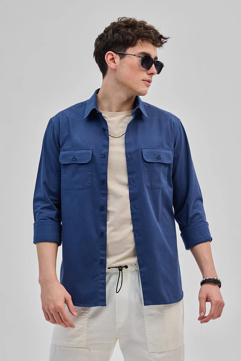 Blue Solid Double Pocket Overshirt