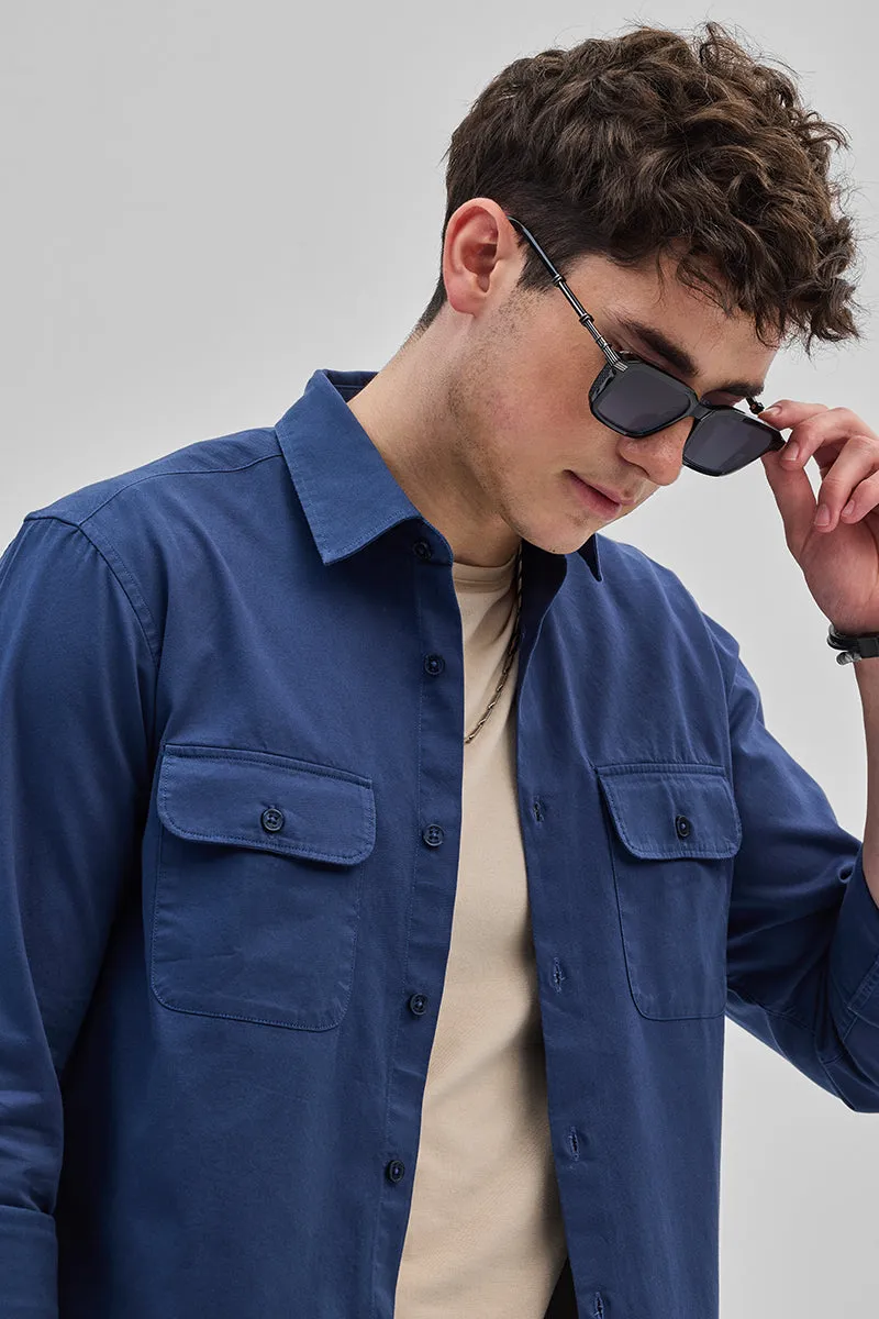 Blue Solid Double Pocket Overshirt