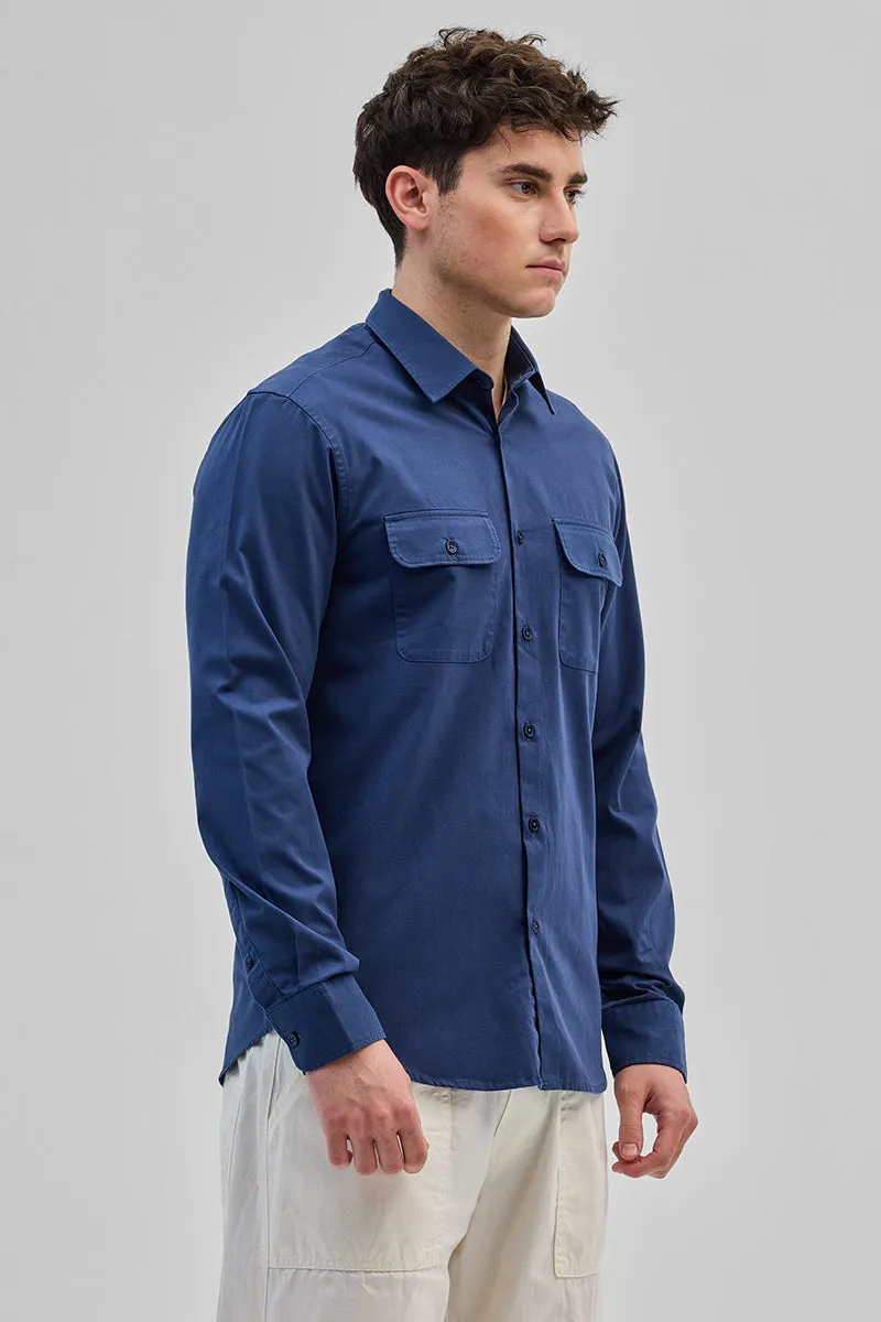 Blue Solid Double Pocket Overshirt