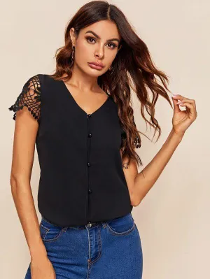 Buttoned Front Guipure Lace Sleeve Blouse