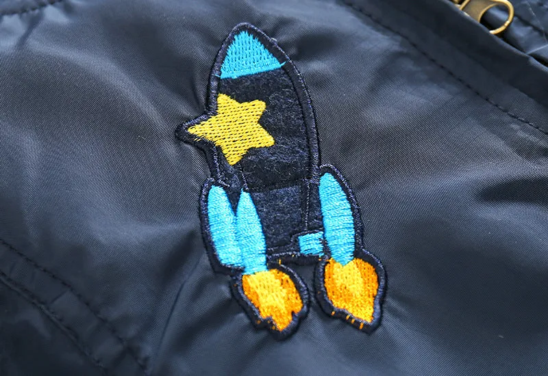 Cartoon embroidered Bomber Jacket for Boys. Navy blue.