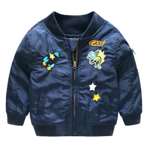 Cartoon embroidered Bomber Jacket for Boys. Navy blue.