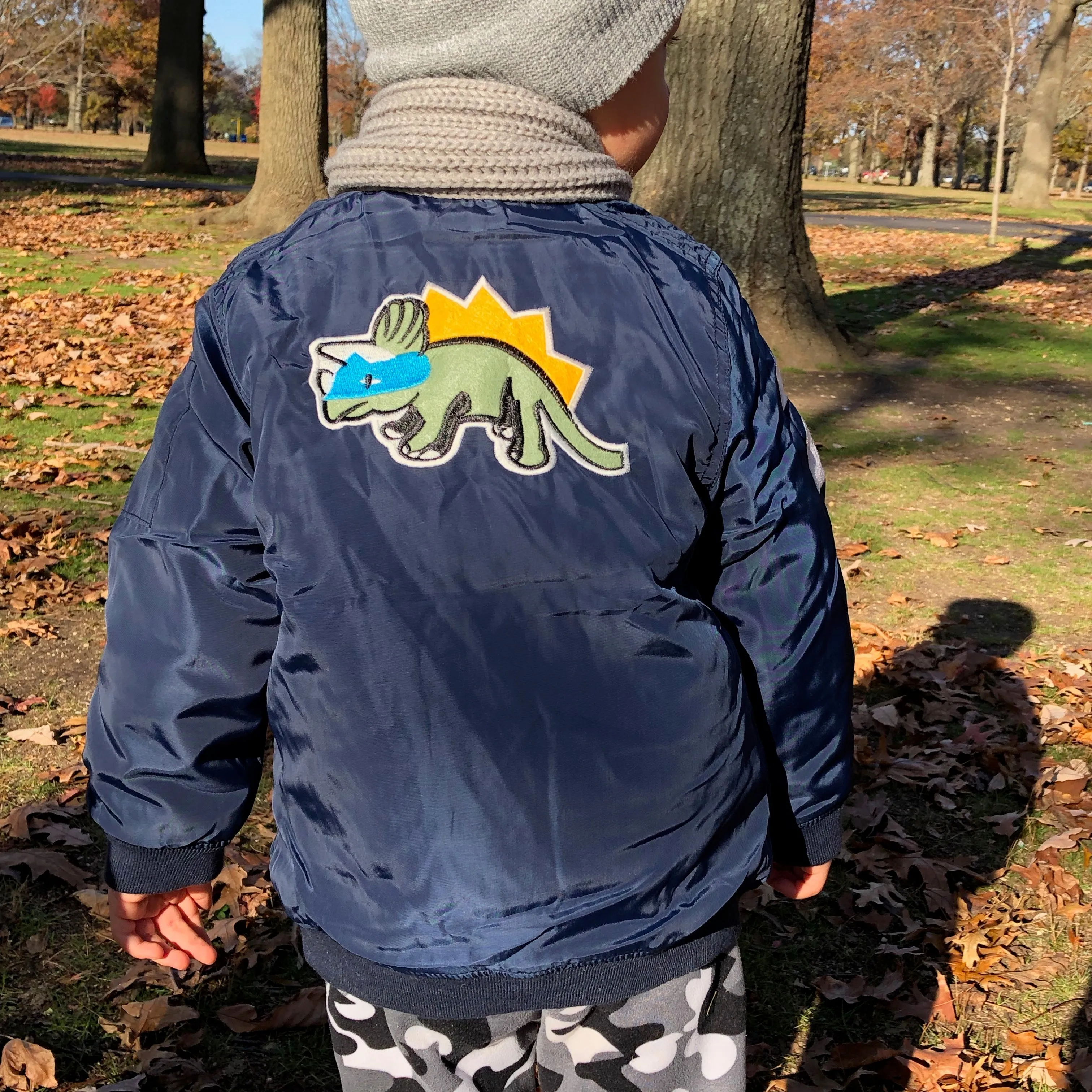 Cartoon embroidered Bomber Jacket for Boys. Navy blue.