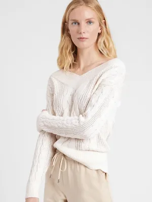 Cotton-Hemp Cable-Knit Sweater in White
