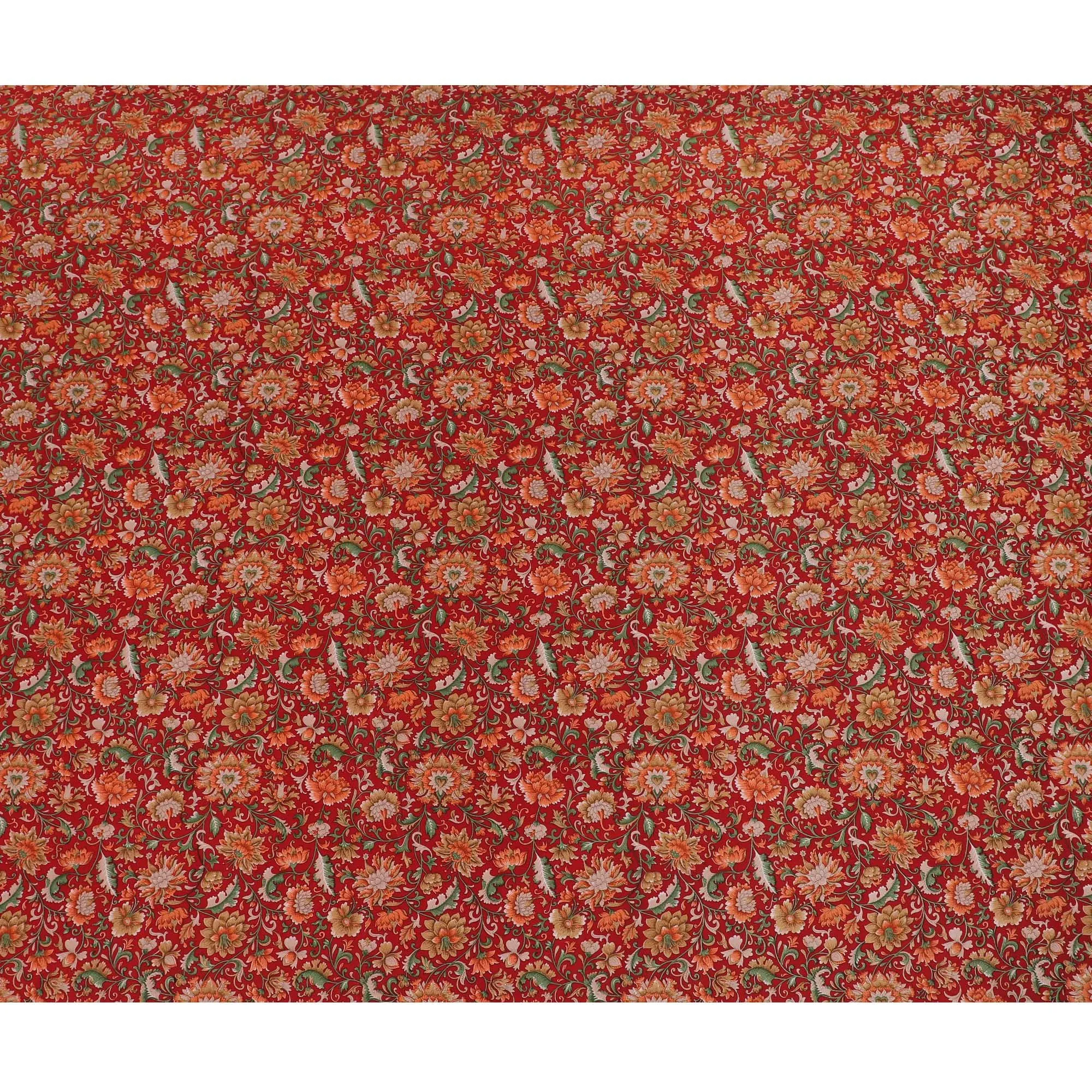 Crimson red Premium pure silk crepe fabric with multicolor print in floral design-D16699