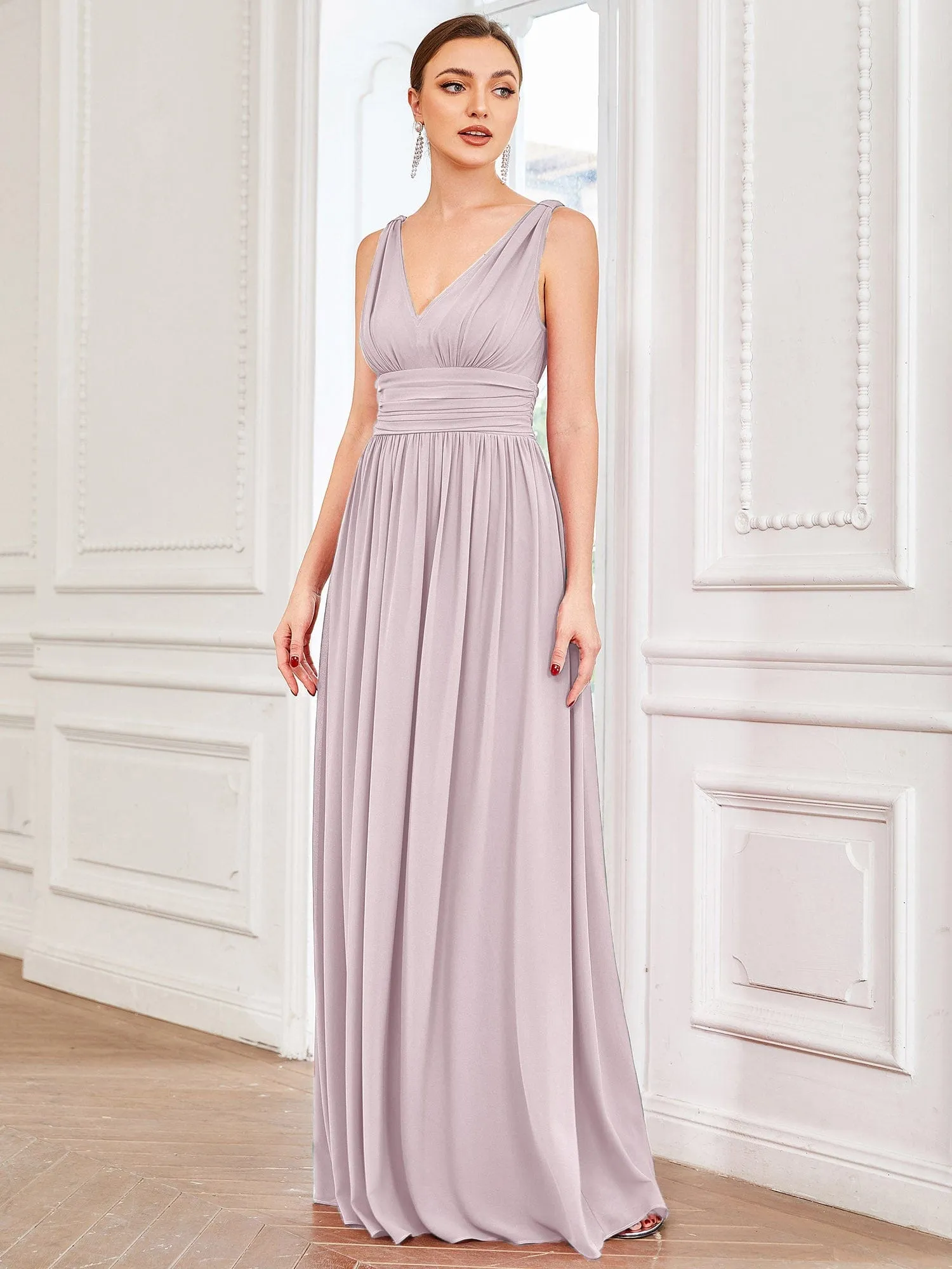Custom Size V Neck Sleeveless Pleated Chiffon Evening Dress