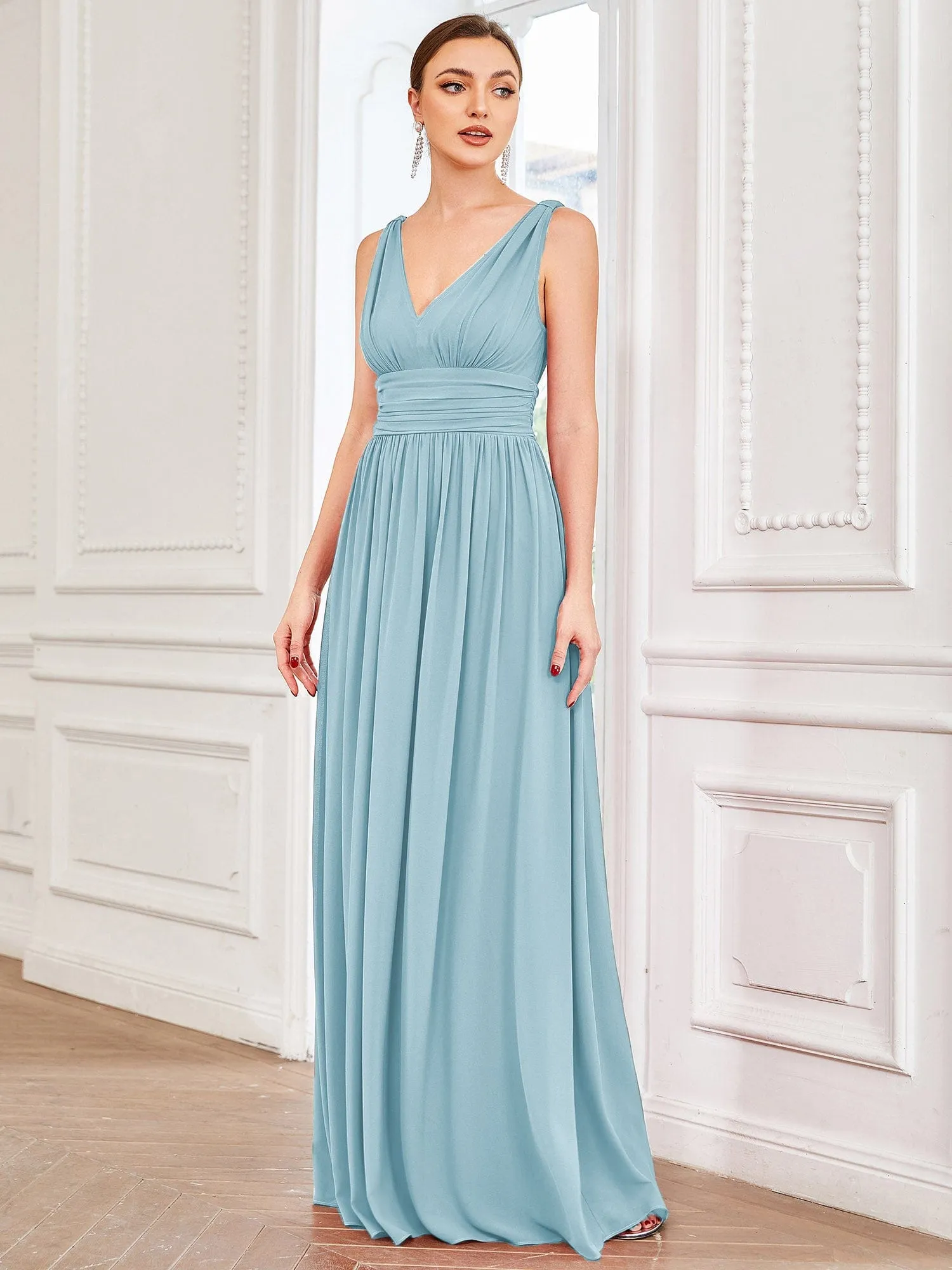 Custom Size V Neck Sleeveless Pleated Chiffon Evening Dress