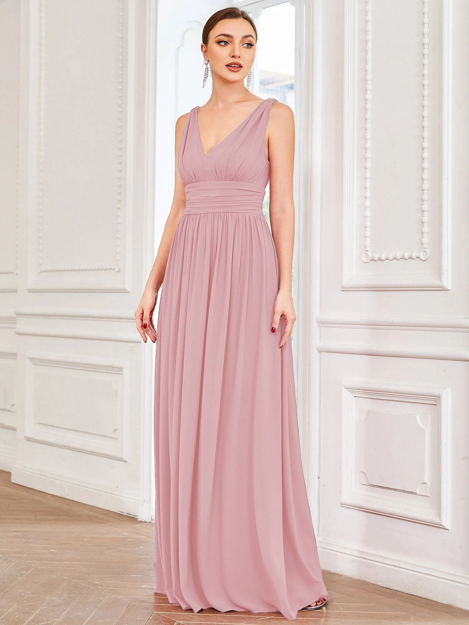 Custom Size V Neck Sleeveless Pleated Chiffon Evening Dress