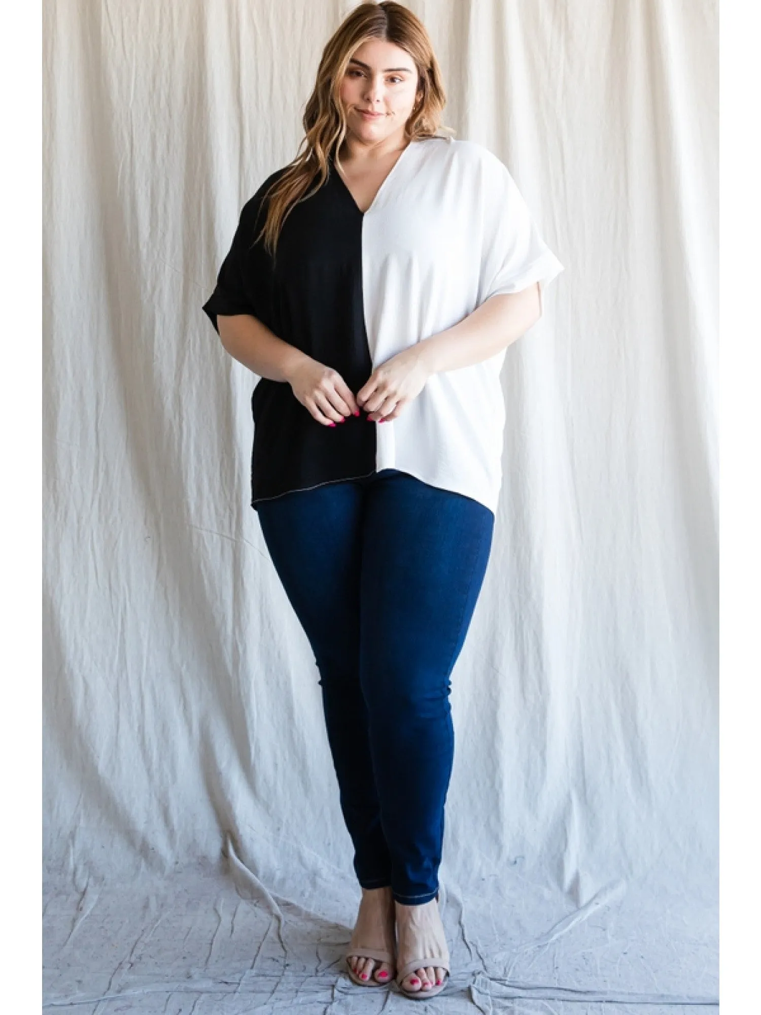 Duo-Tone V-Neck Shift Top