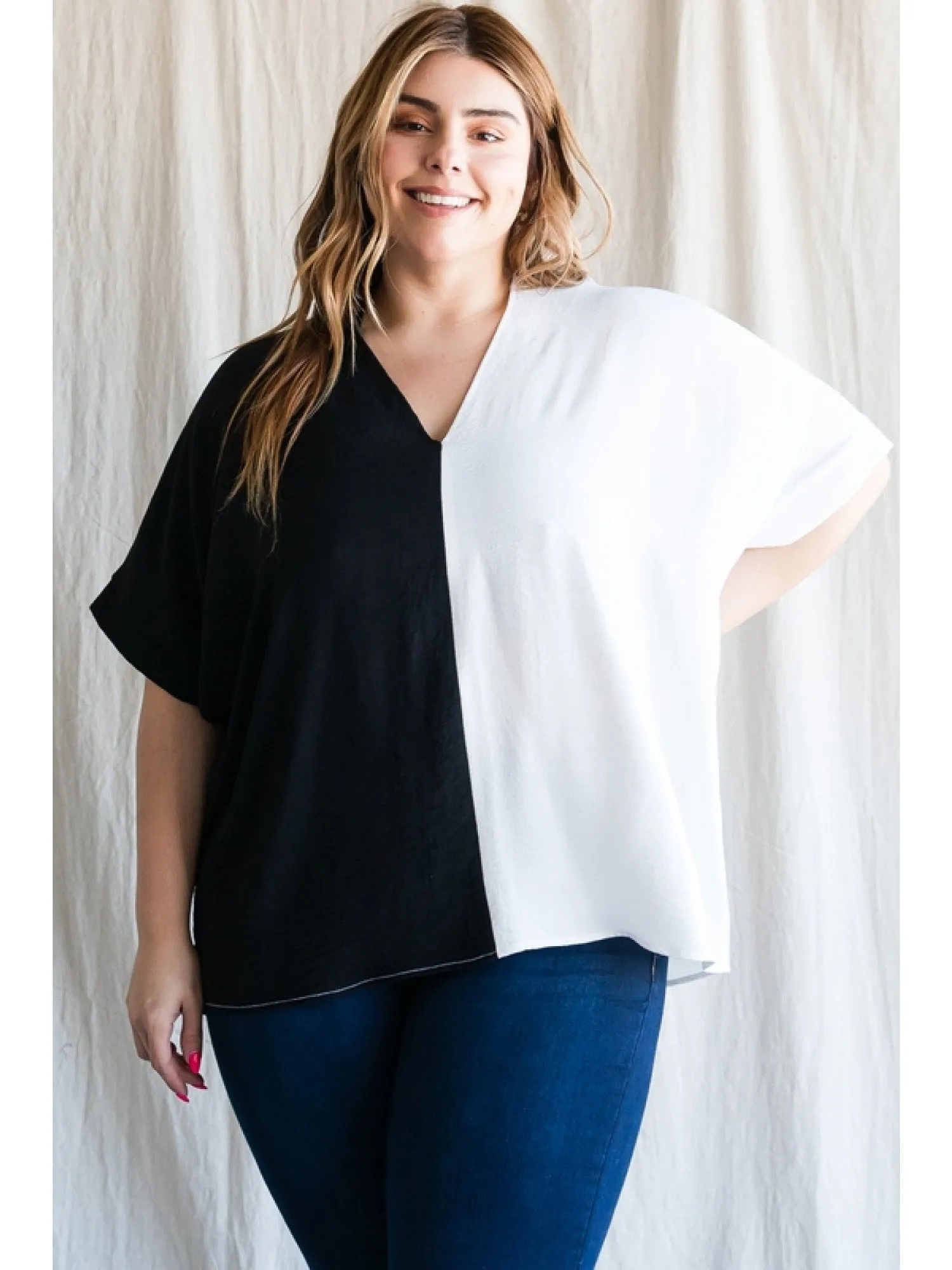 Duo-Tone V-Neck Shift Top