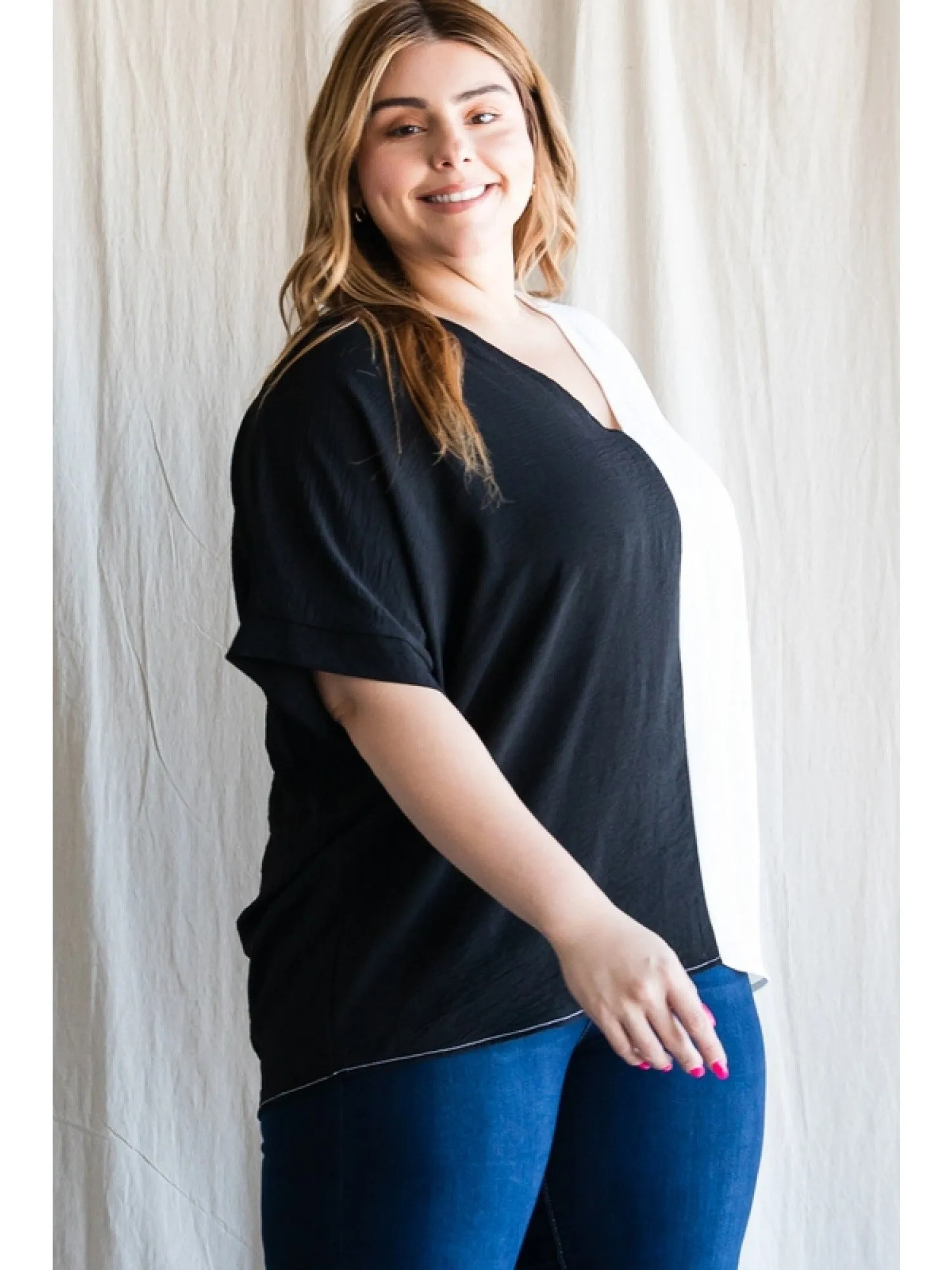 Duo-Tone V-Neck Shift Top