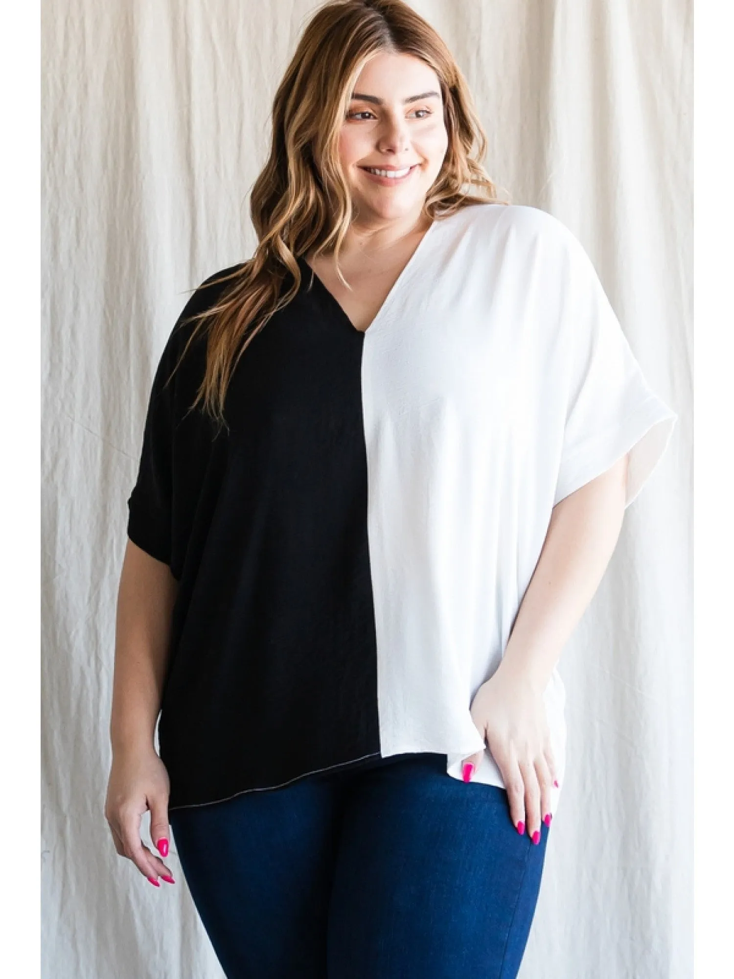 Duo-Tone V-Neck Shift Top