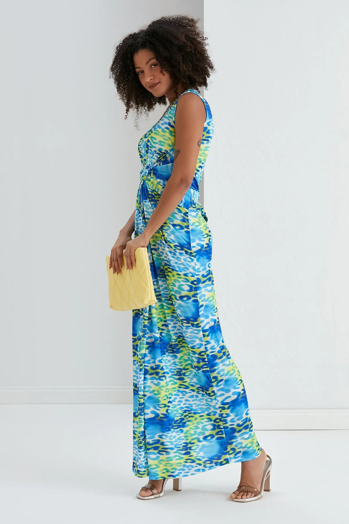 Ella Twist Maxi Dress in Blue Leopard Print