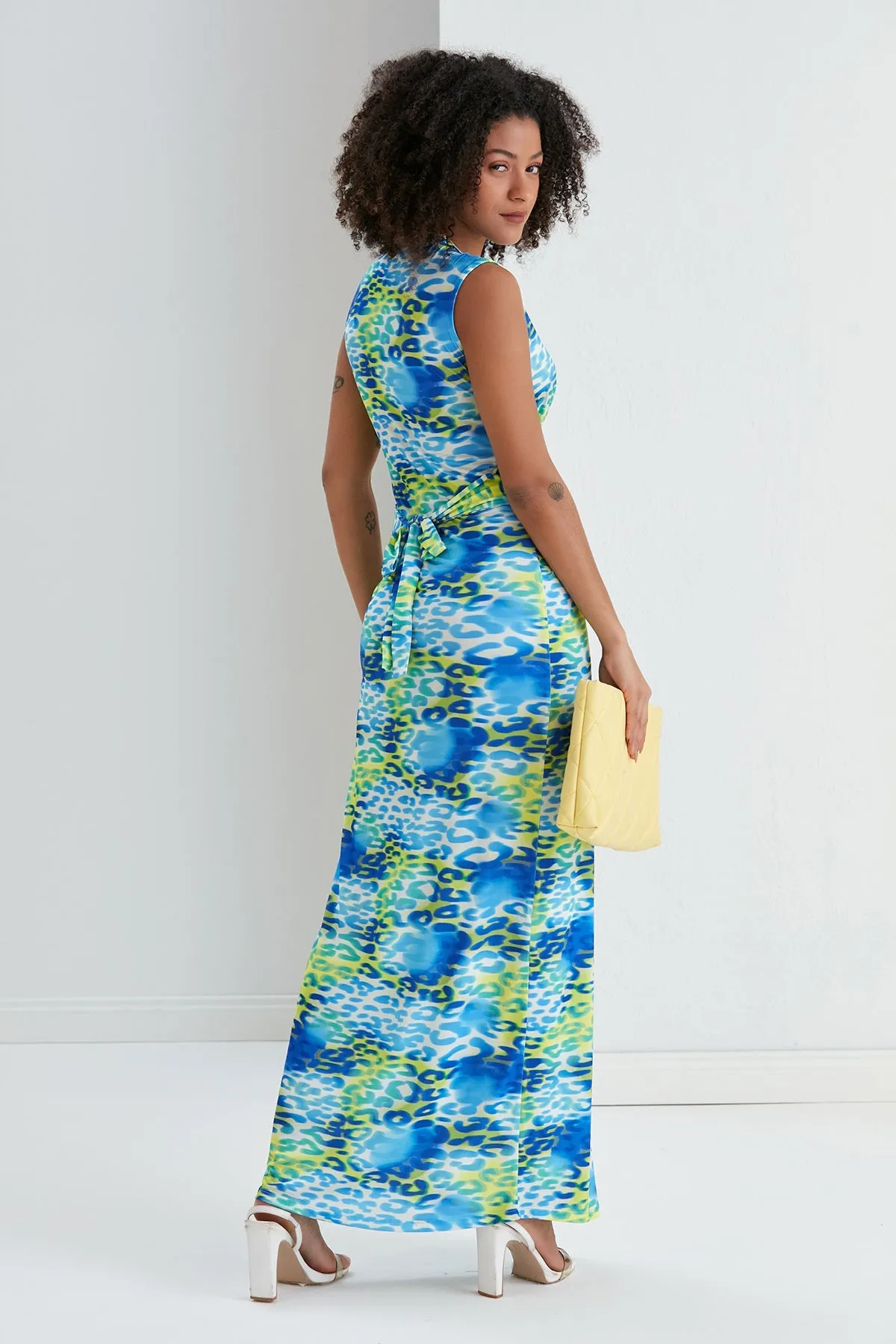Ella Twist Maxi Dress in Blue Leopard Print